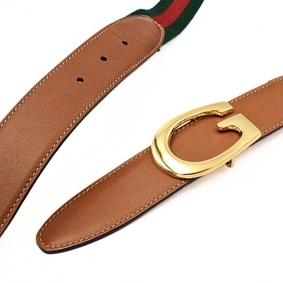 Iconic Authentic Gucci Green Red Classic Fabric Leather Vintage G Buckle Belt main image 9